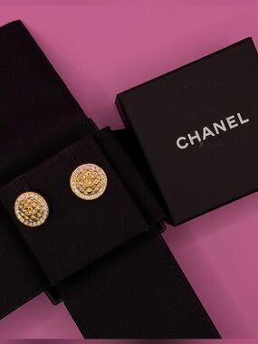 AUTHENTIC Chanel Gold-Tone CC Logo Crystal Stud Earrings